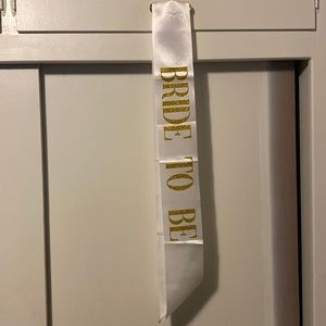 Bride to be sash, white fabric, gold glittered lettering
